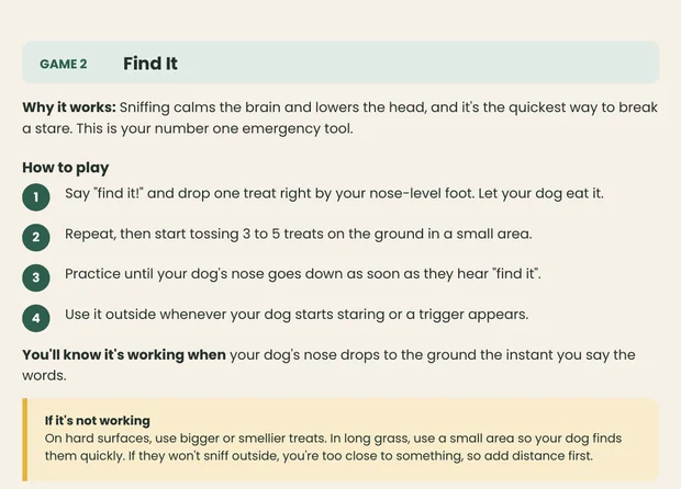 Sample game: Find It. Say find it and drop a treat by your foot, then scatter a few, then use it outside whenever your dog starts staring.